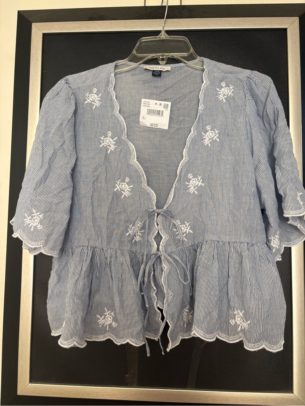 American Eagle Outfitters Light Blue Striped Embroidered Tie-Front Tunic